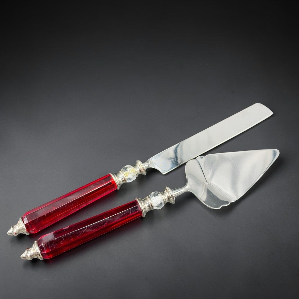 Lenox Red Jewel Handle Cake Server Knife Set Ruby Crystal Holiday Wedding 2 Pc
